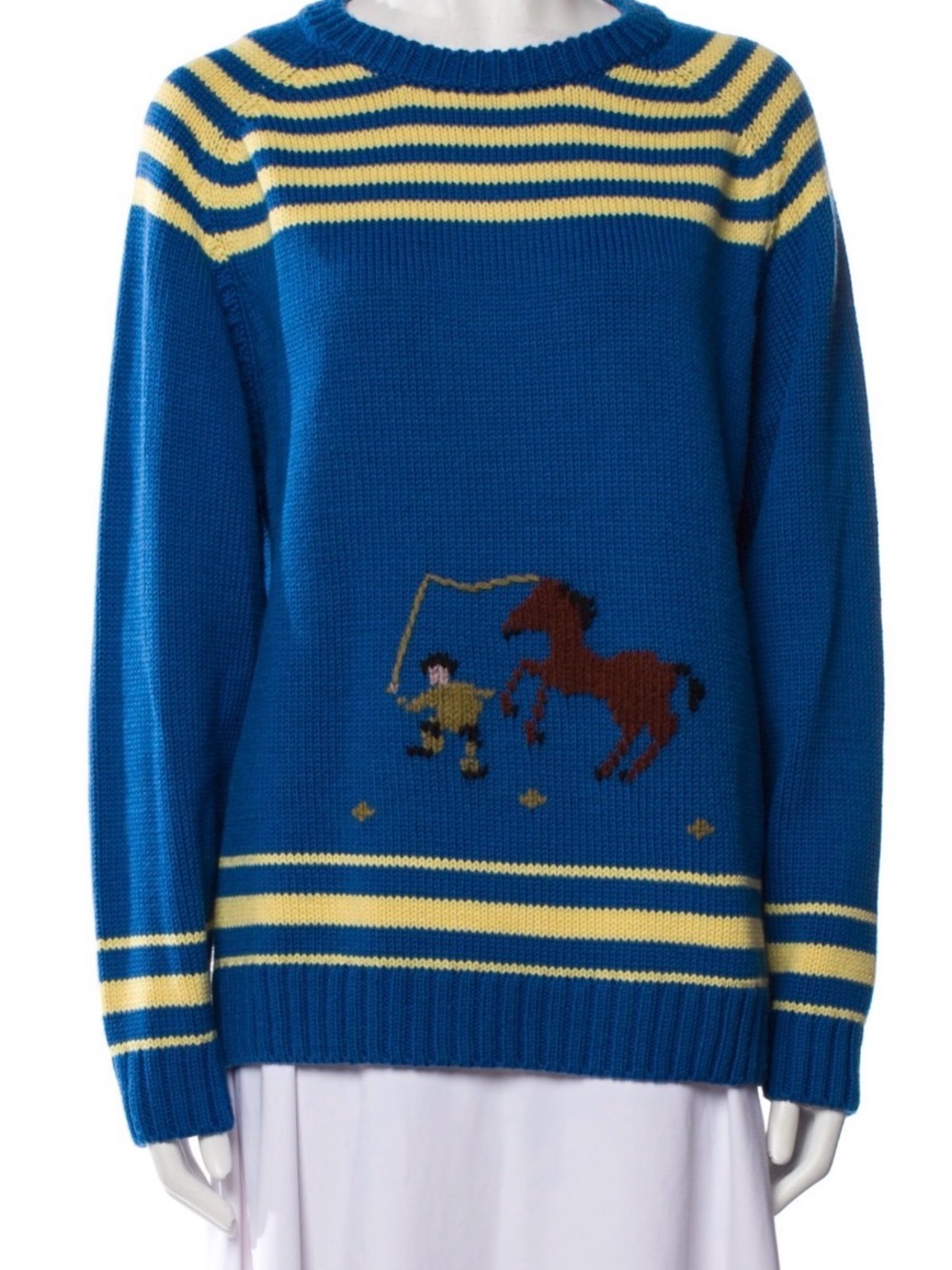 BODE Blue Striped Crewneck Sweater with Horse & Rider Knit Motif